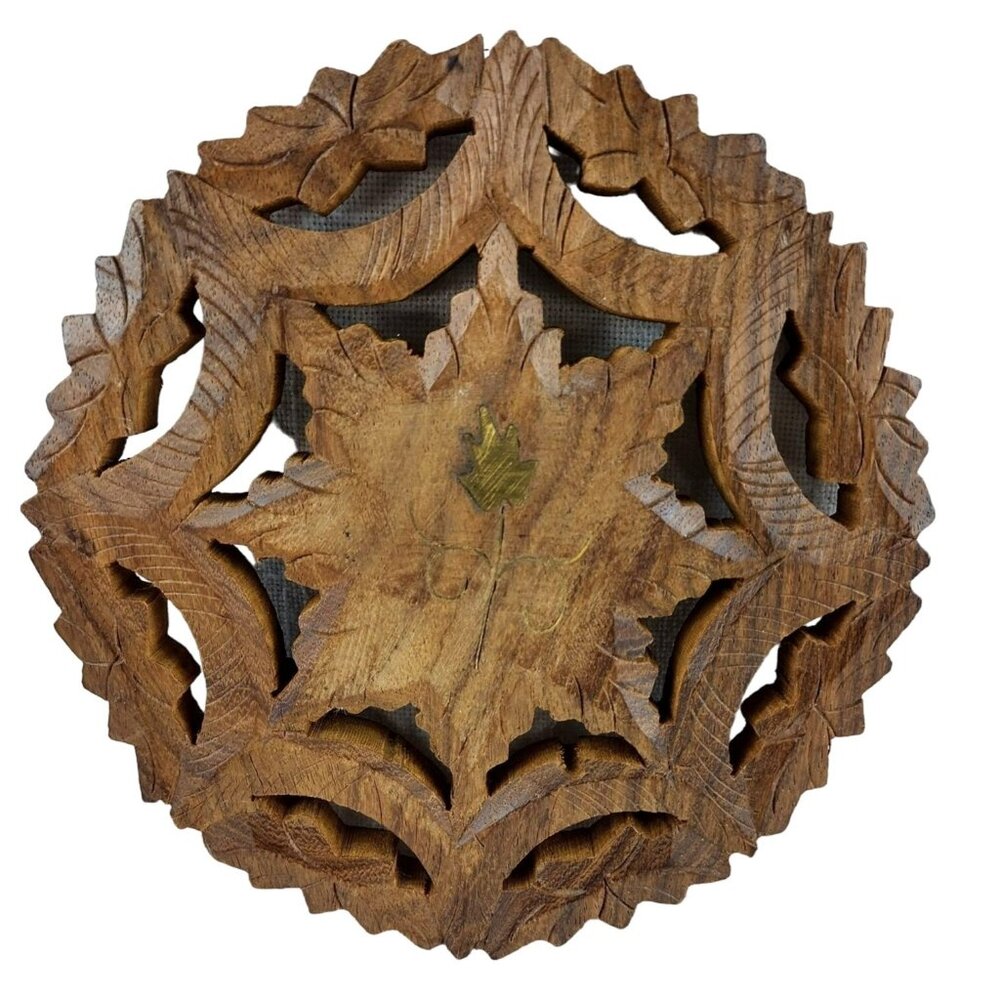 Hand Carved Wooden Kitchen Trivet Three Footed Fall Motif Gold Leaf Vintage 4.5"
